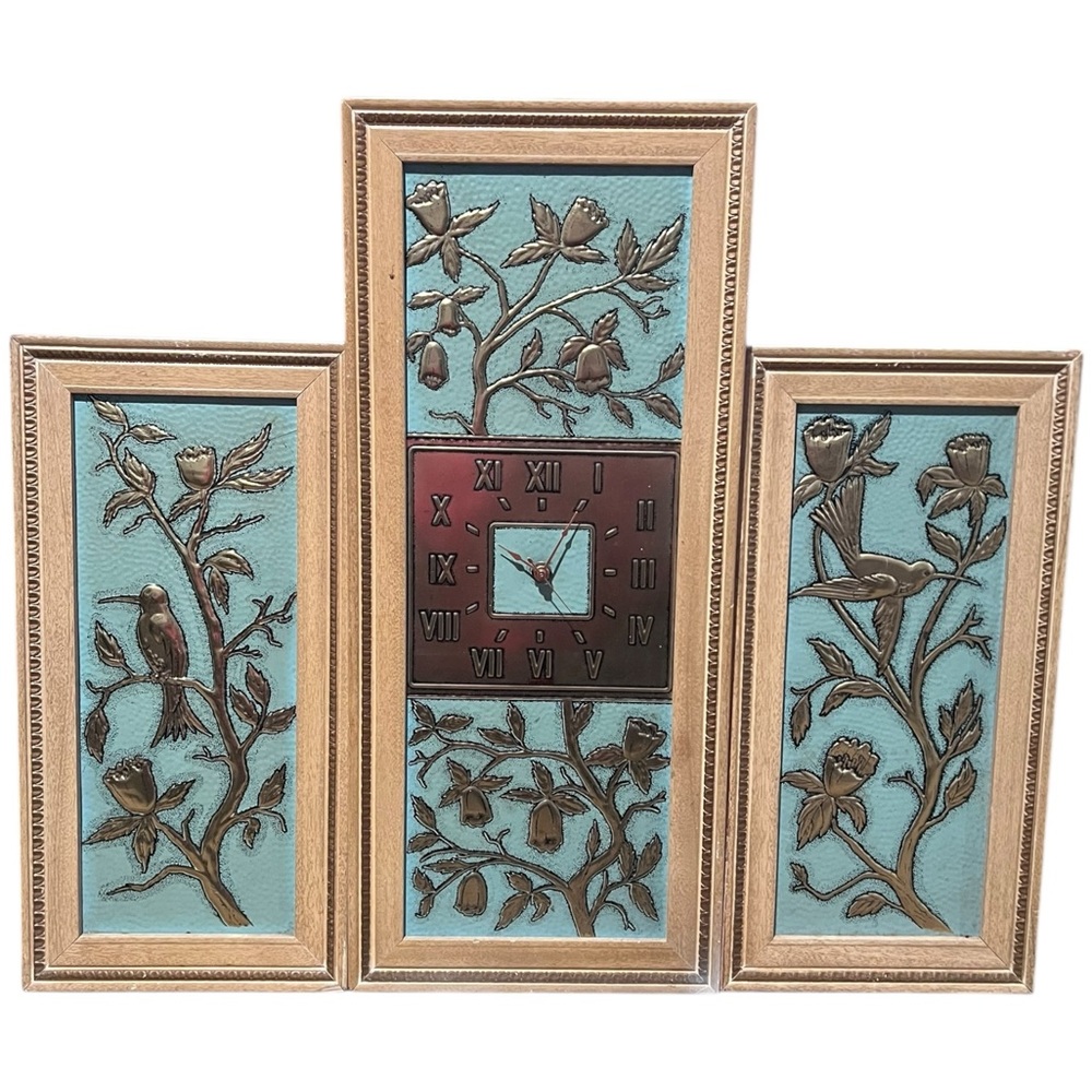 Veg Mid Century 3 Panel Teal/Green Wall Art Clock W/Hummingbirds & Tulips Quarts